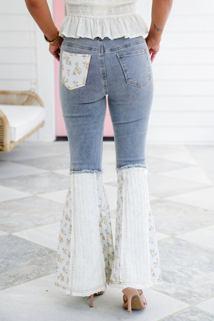 POL Denim Floral Flare Leg Jeans with Embroidery Detail