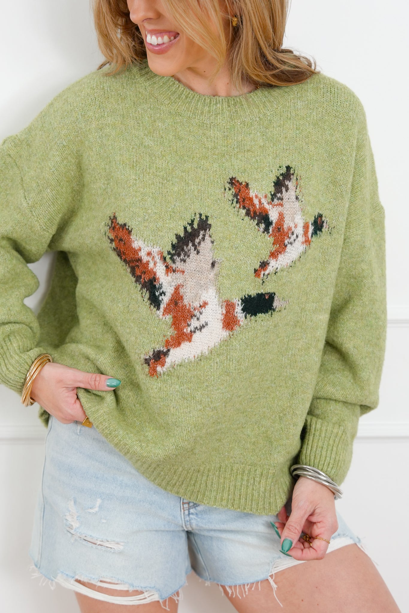 Knit Long Sleeve Flying Duck Pullover Sweater