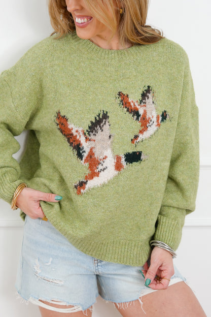 Knit Long Sleeve Flying Duck Pullover Sweater