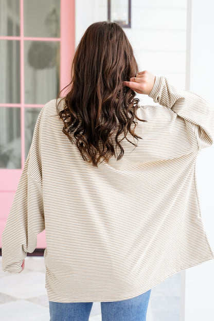 Stripe Fleece Long Sleeve Round Neck Top
