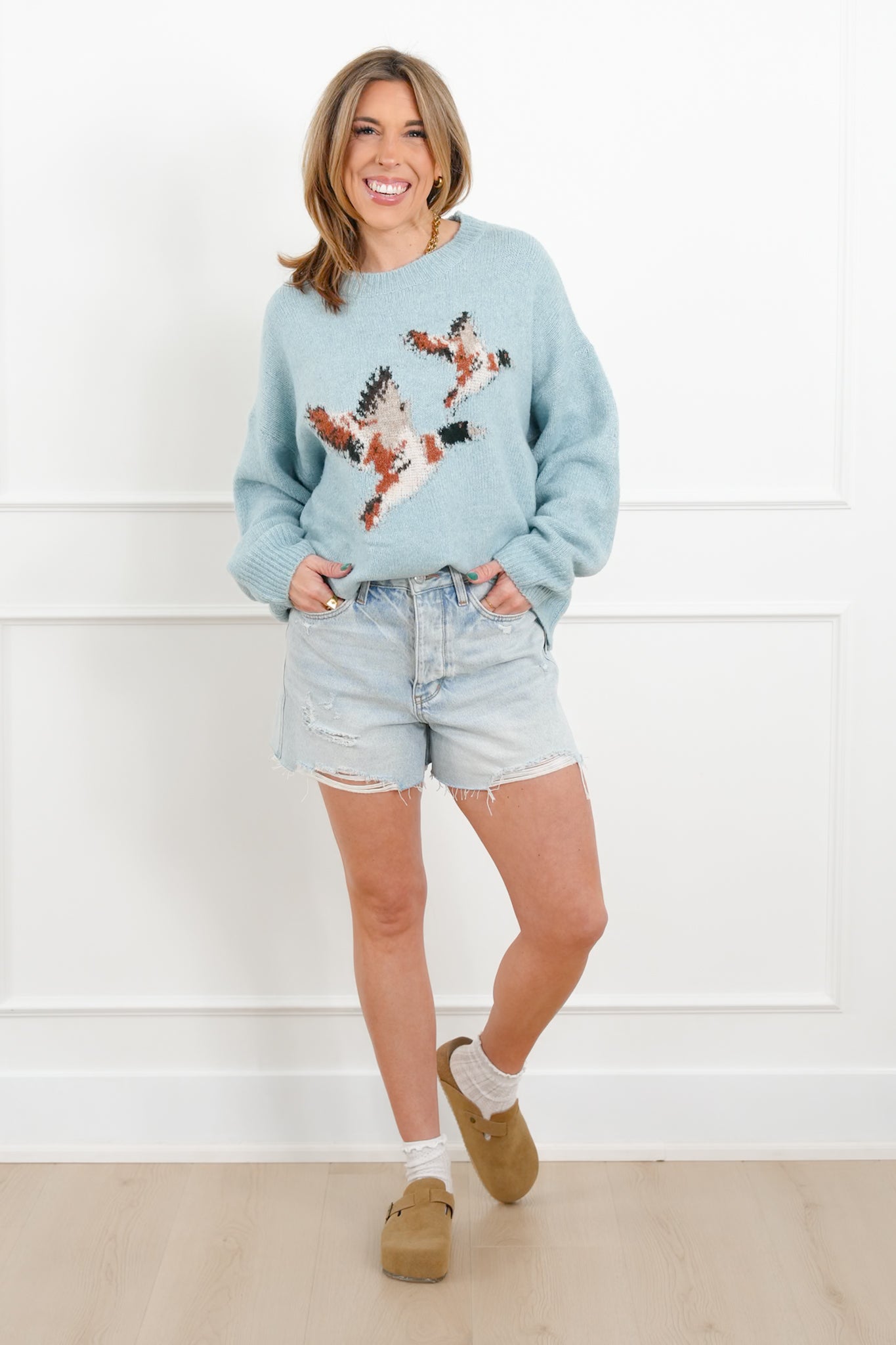 Knit Long Sleeve Flying Duck Pullover Sweater