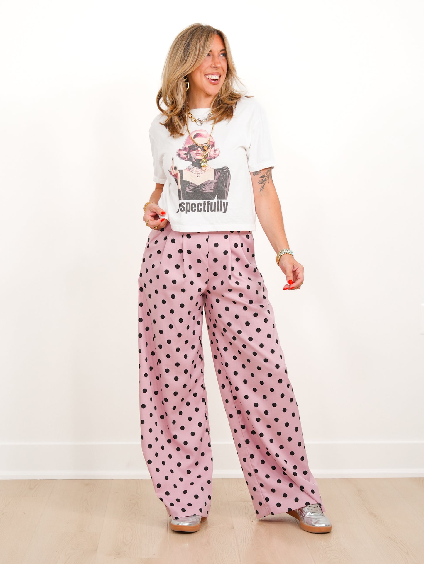 Polka Dot Pleated Elastic Waist Wide Leg Pants With Side Zipper