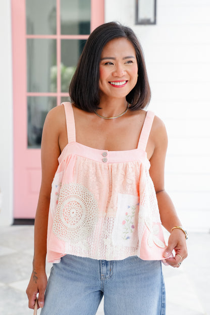 POL  Sleeveless A-Line Top with Lace Detail