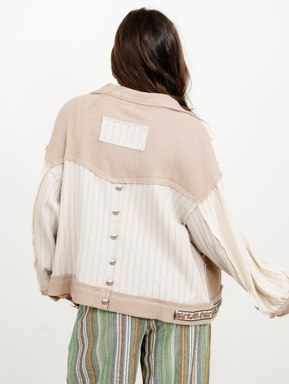 POL Thermal Knit Long Sleeve Button Down Shacket - Freckled Poppy