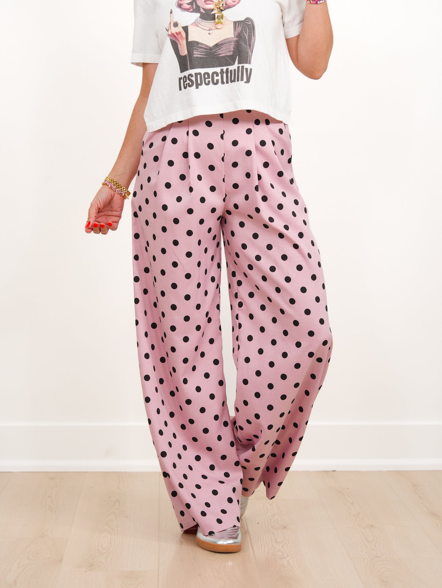 Polka Dot Pleated Elastic Waist Wide Leg Pants With Side Zipper