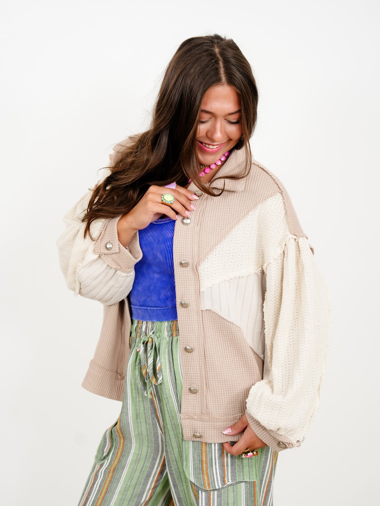 POL Thermal Knit Long Sleeve Button Down Shacket - Freckled Poppy