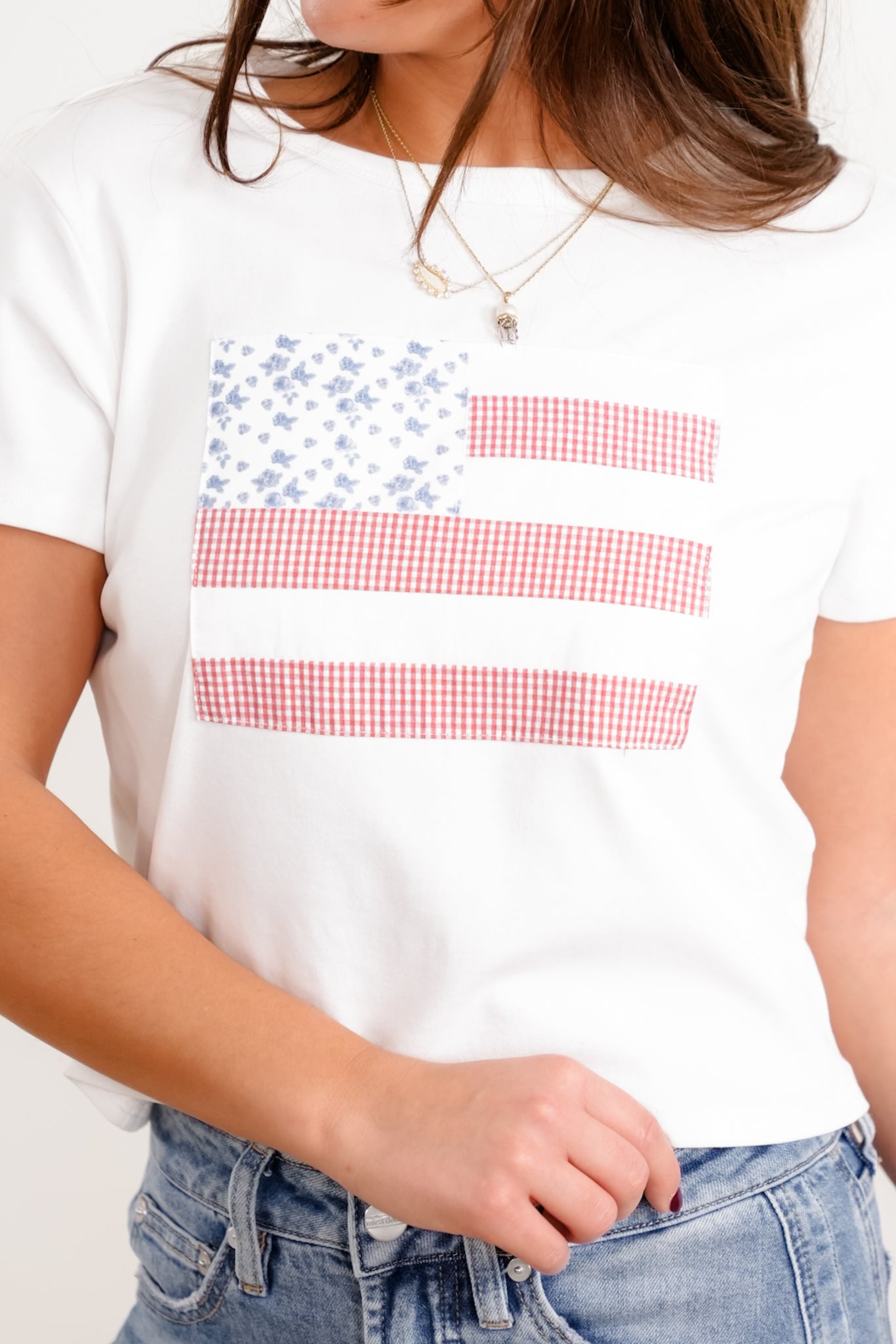Short Sleeve Patchwork American Flag Crop Tee Shirt