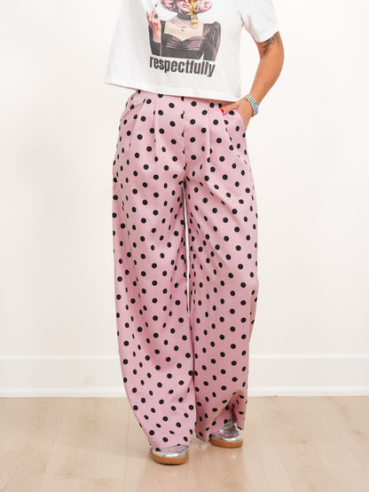 Polka Dot Pleated Elastic Waist Wide Leg Pants With Side Zipper