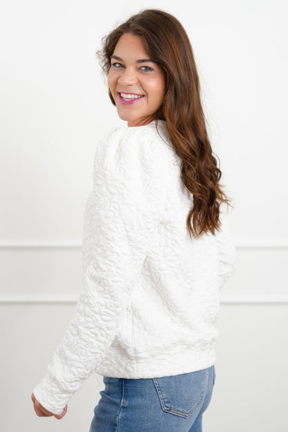 Embroidered Quilted Long Sleeve Pullover Top