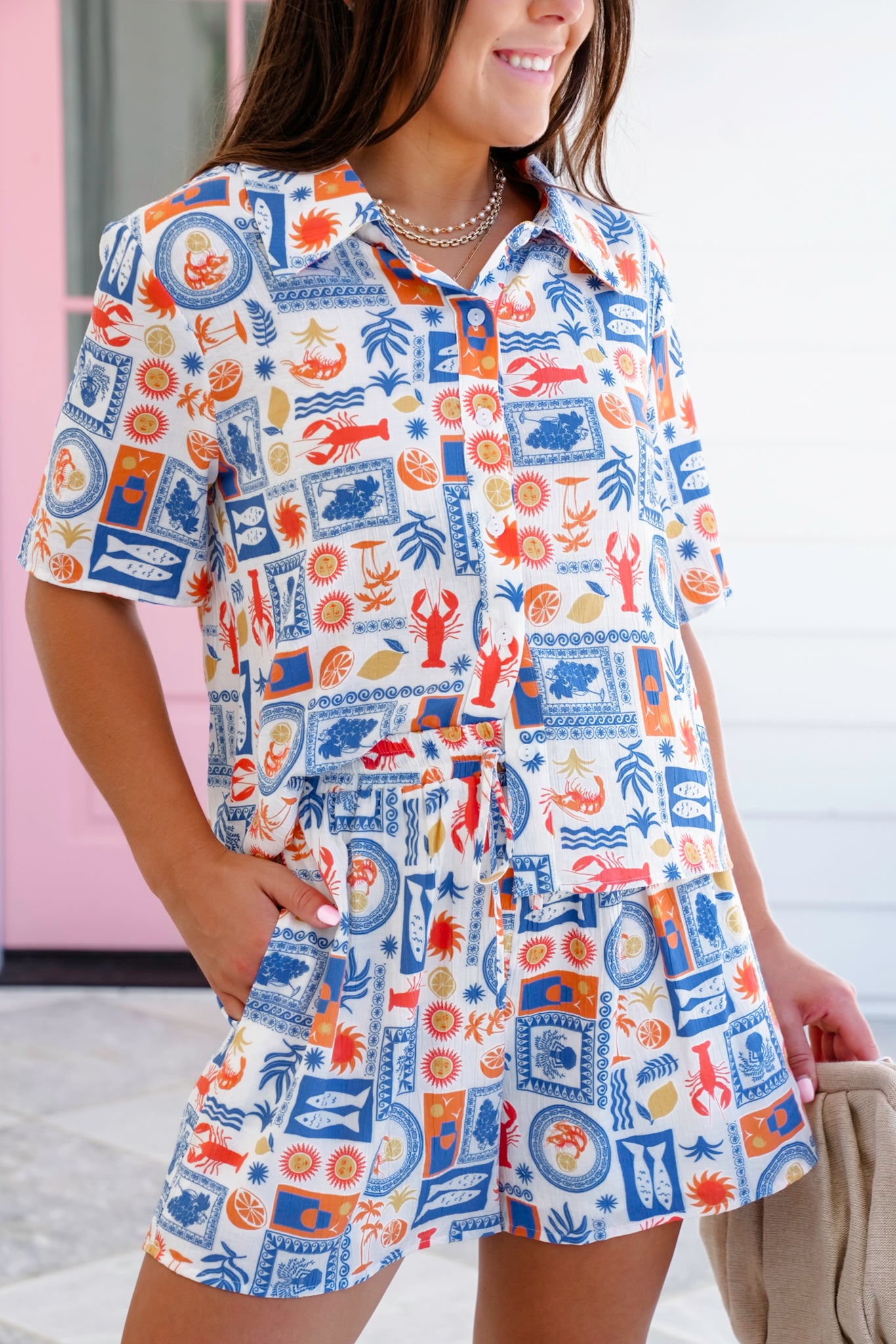 Vacation Print Short Sleeve Button Down Top and Short Set