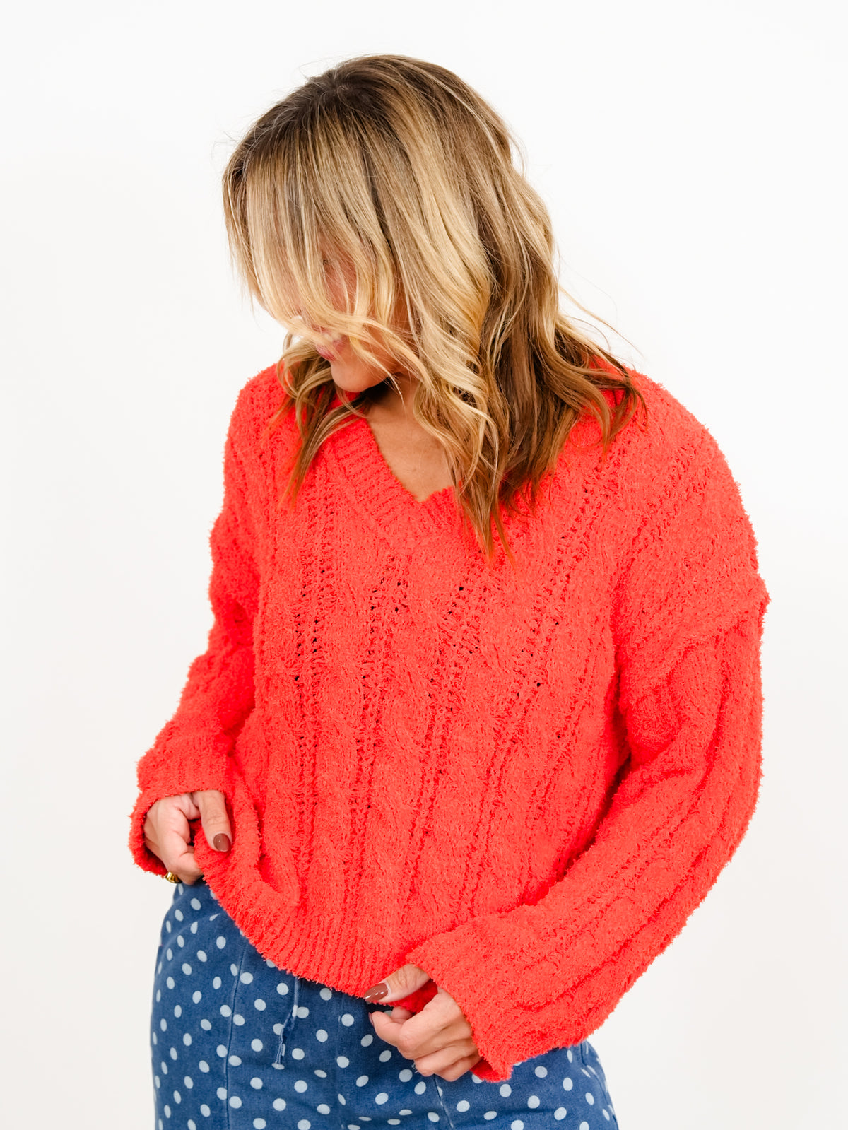 POL Textured Long Sleeve V-Neck Pullover Sweater
