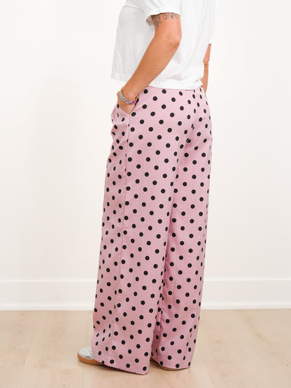 Polka Dot Pleated Elastic Waist Wide Leg Pants With Side Zipper
