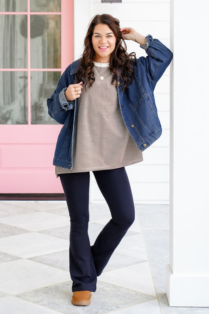 Stripe Fleece Long Sleeve Round Neck Top