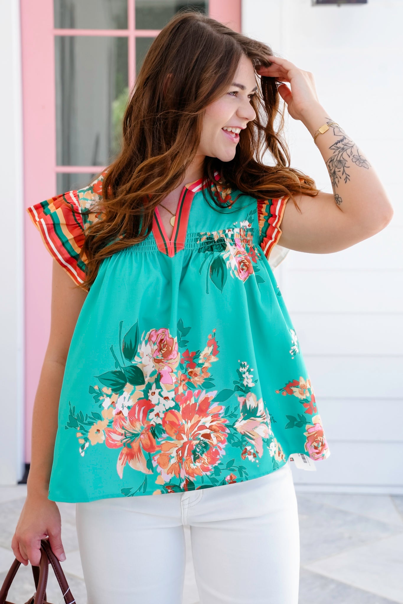 Plus/Reg Floral Ruffle Sleeve Split Neck Top