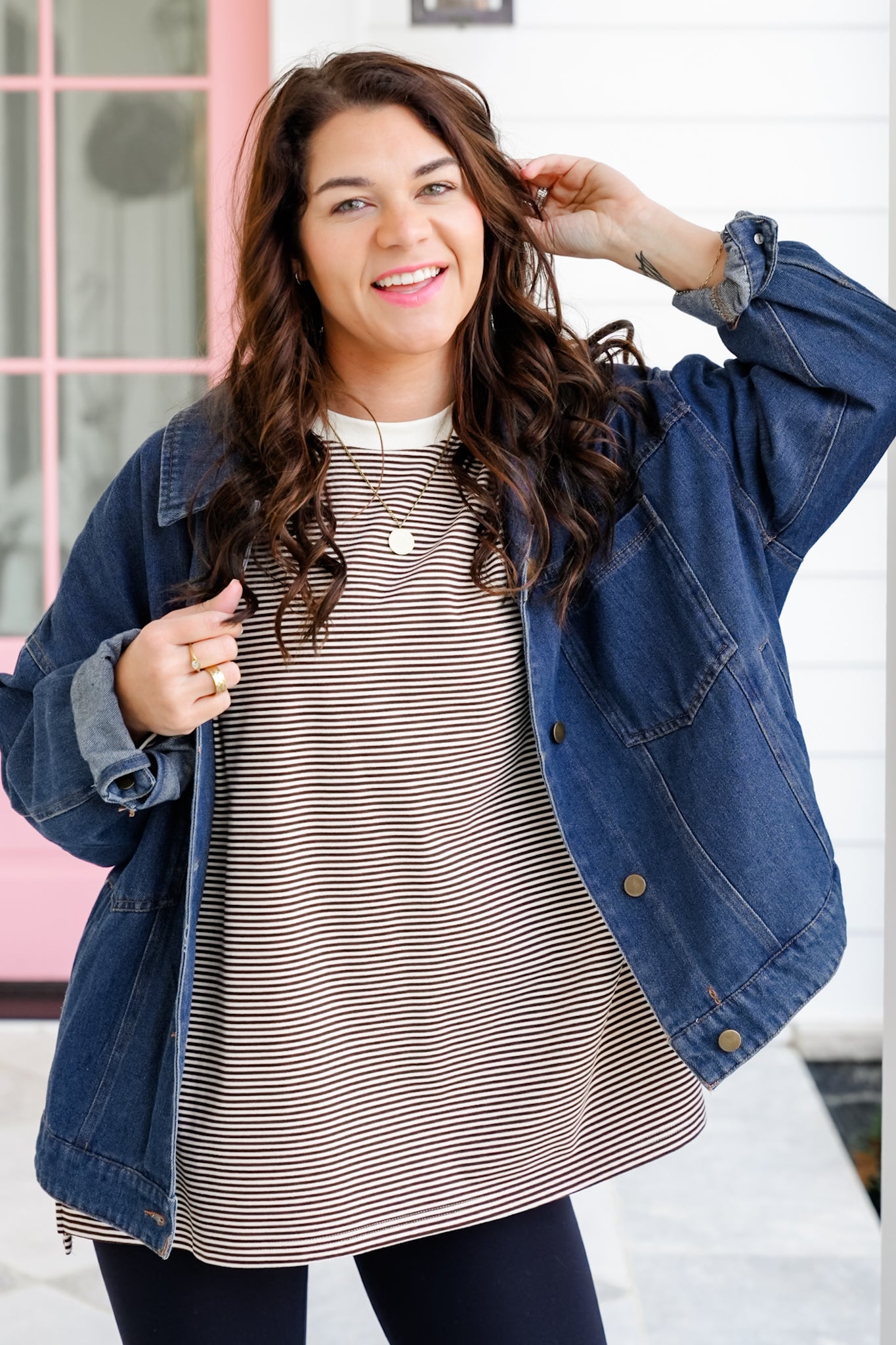 Stripe Fleece Long Sleeve Round Neck Top