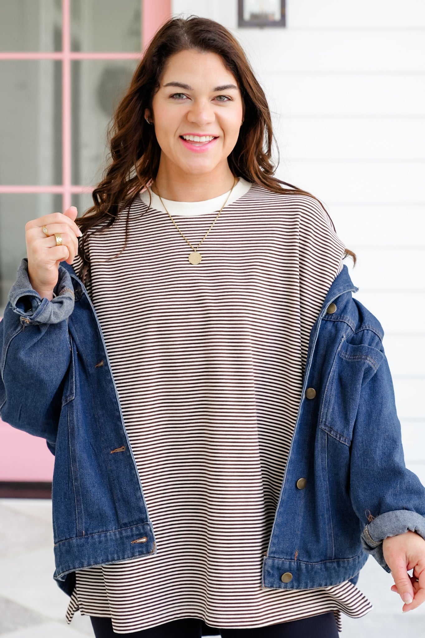 Stripe Fleece Long Sleeve Round Neck Top