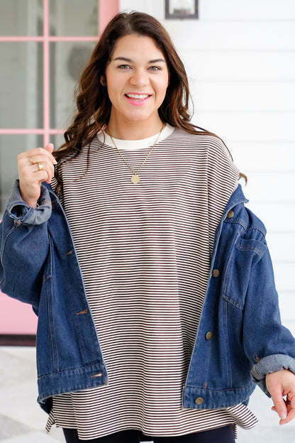 Stripe Fleece Long Sleeve Round Neck Top