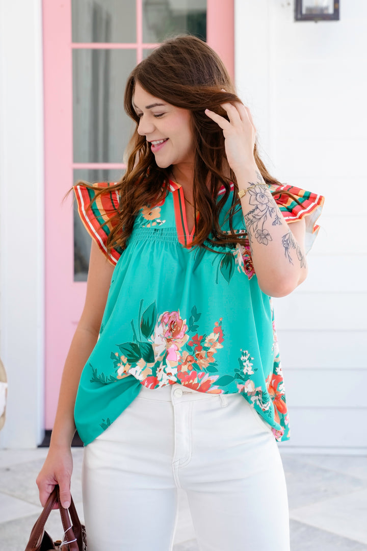 Plus/Reg Floral Ruffle Sleeve Split Neck Top