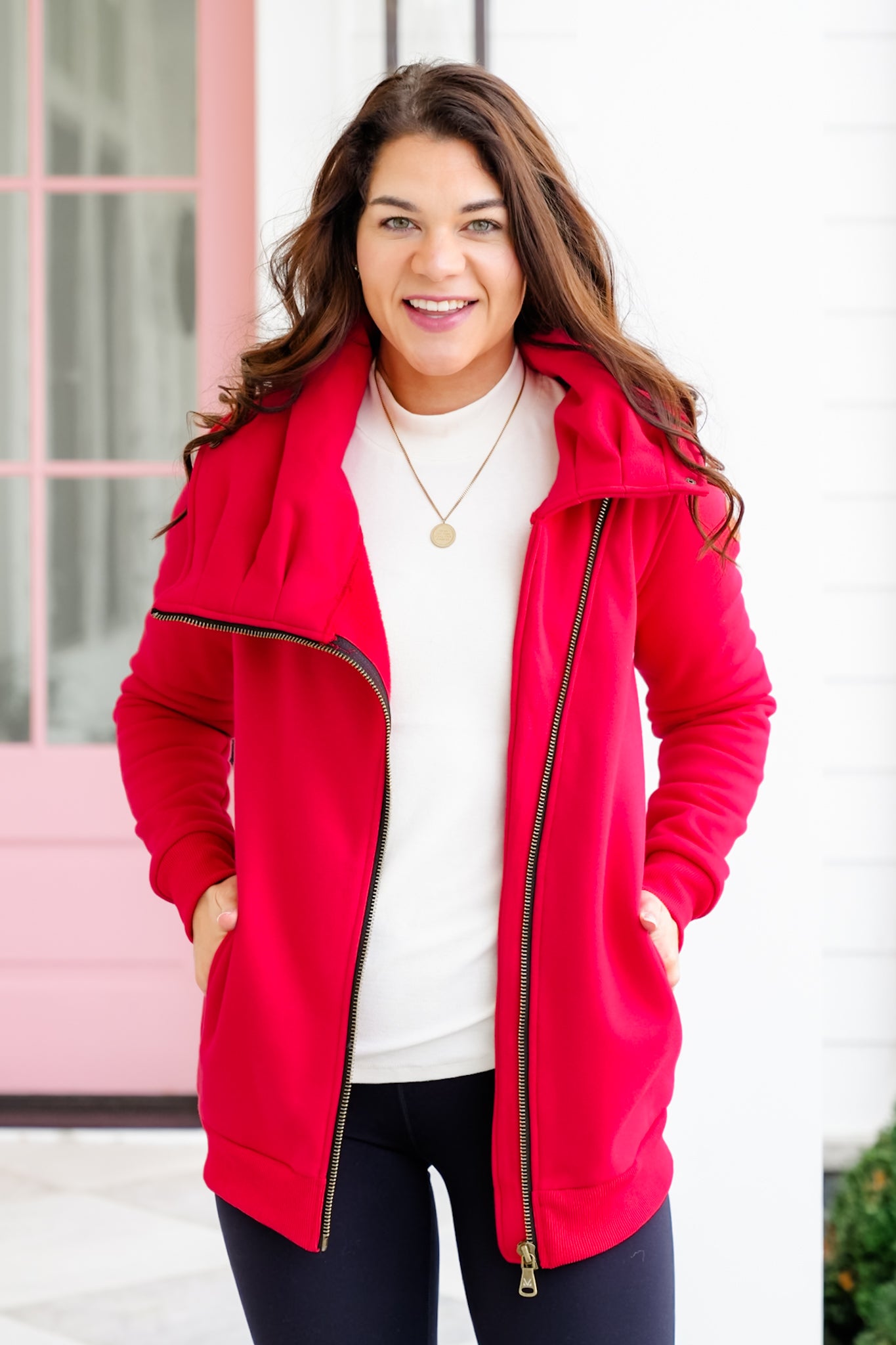 Plus/Reg Red Long Sleeve Zip Up Cowl Neck Top