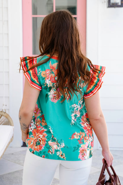 Plus/Reg Floral Ruffle Sleeve Split Neck Top