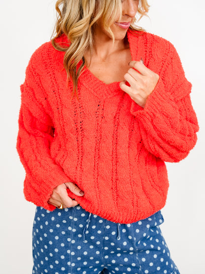 POL Textured Long Sleeve V-Neck Pullover Sweater