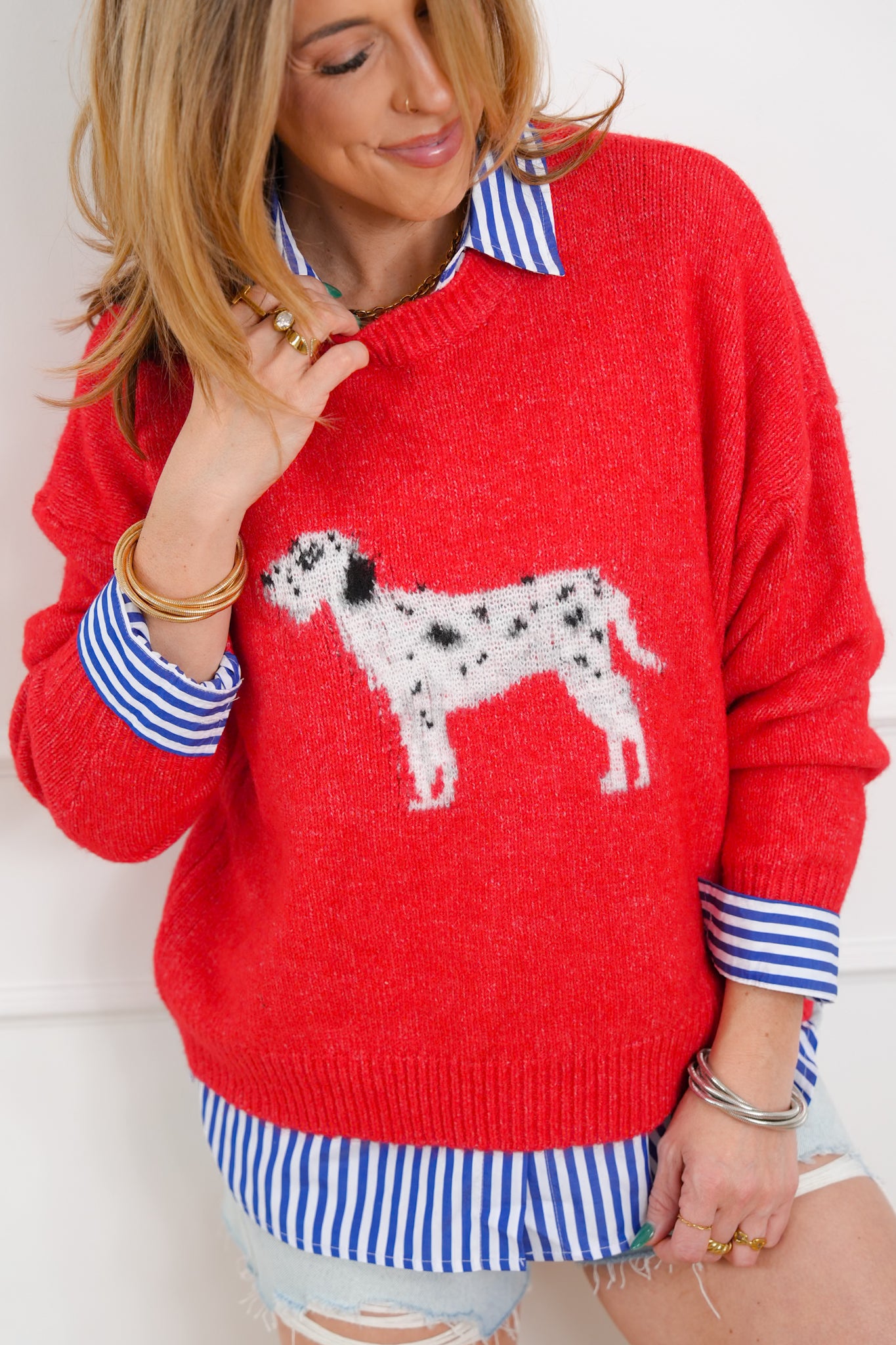 Knit Long Sleeve Dalmatian Dog Pullover Sweater