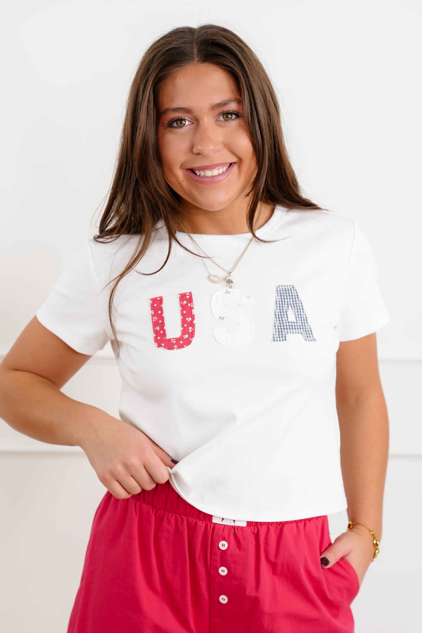 USA Patchwork Short Sleeve Crop Tee Shirt
