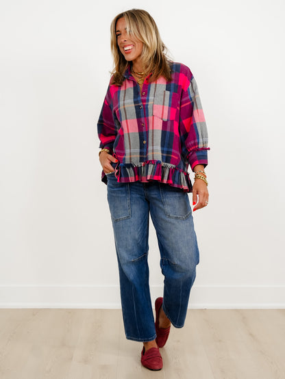 Plaid 3/4 Sleeve Button Down Ruffle Hem Top
