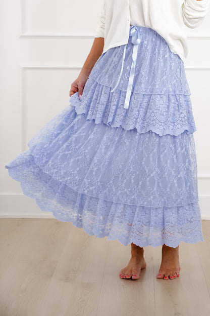 Lace Elastic Waist Tiered Maxi Skirt