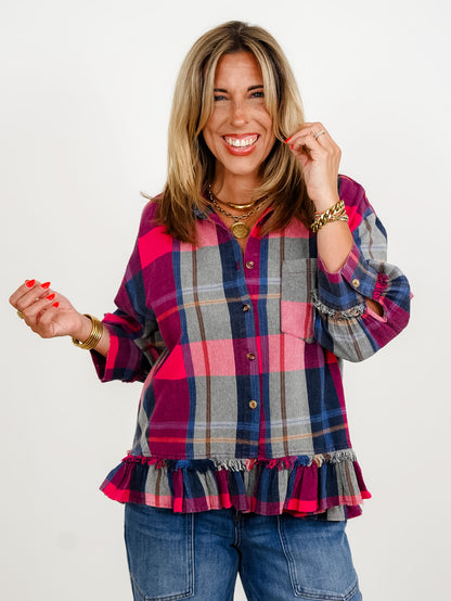 Plaid 3/4 Sleeve Button Down Ruffle Hem Top