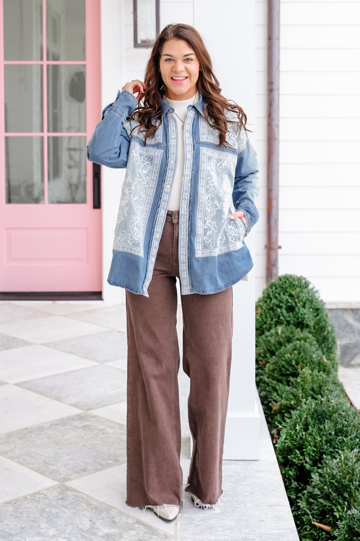 Long Sleeve Button Down Top with Cross Stitch Embroidery