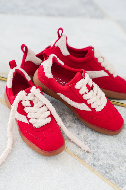 Vegan Suede Lace Up Sneaker with Sherpa Trim