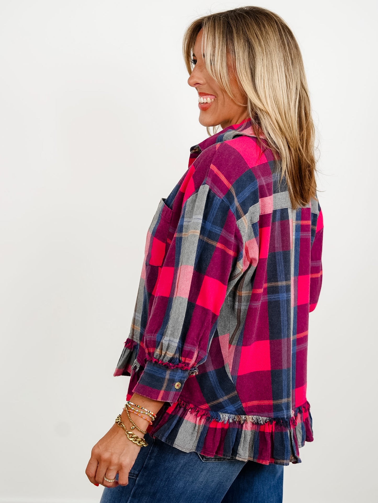 Plaid 3/4 Sleeve Button Down Ruffle Hem Top
