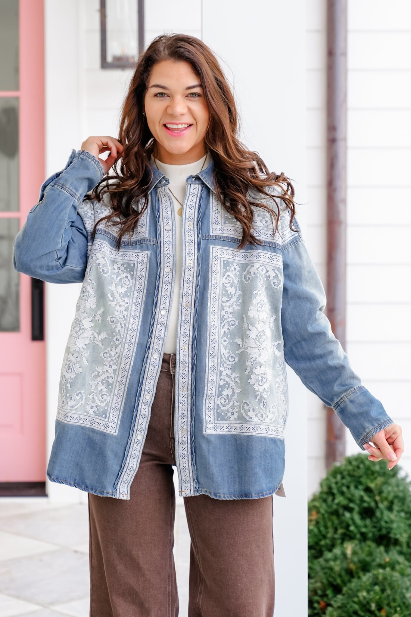 Long Sleeve Button Down Top with Cross Stitch Embroidery