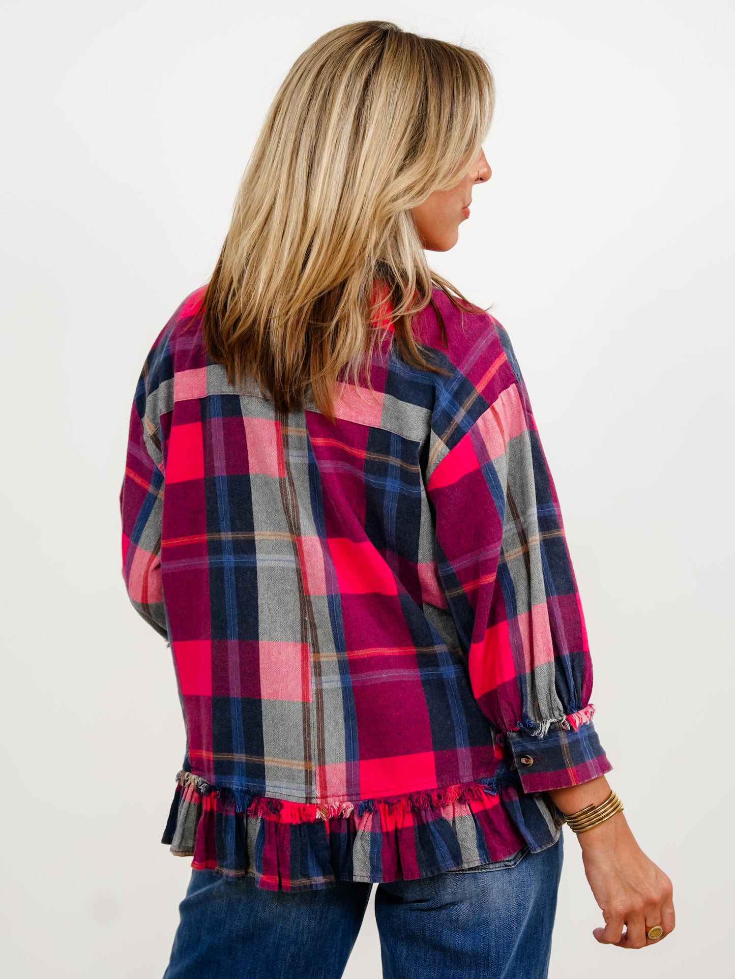 Plaid 3/4 Sleeve Button Down Ruffle Hem Top