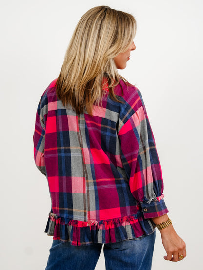 Plaid 3/4 Sleeve Button Down Ruffle Hem Top
