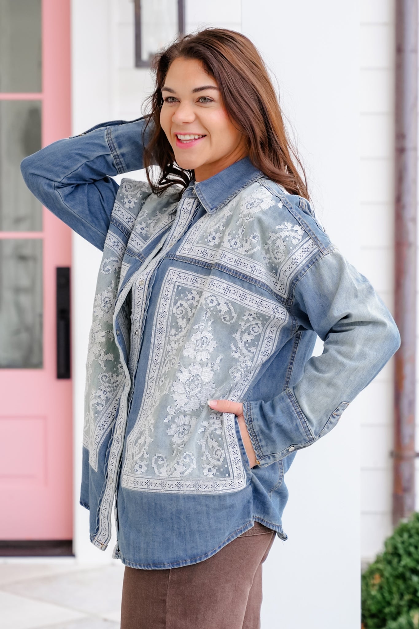 Long Sleeve Button Down Top with Cross Stitch Embroidery