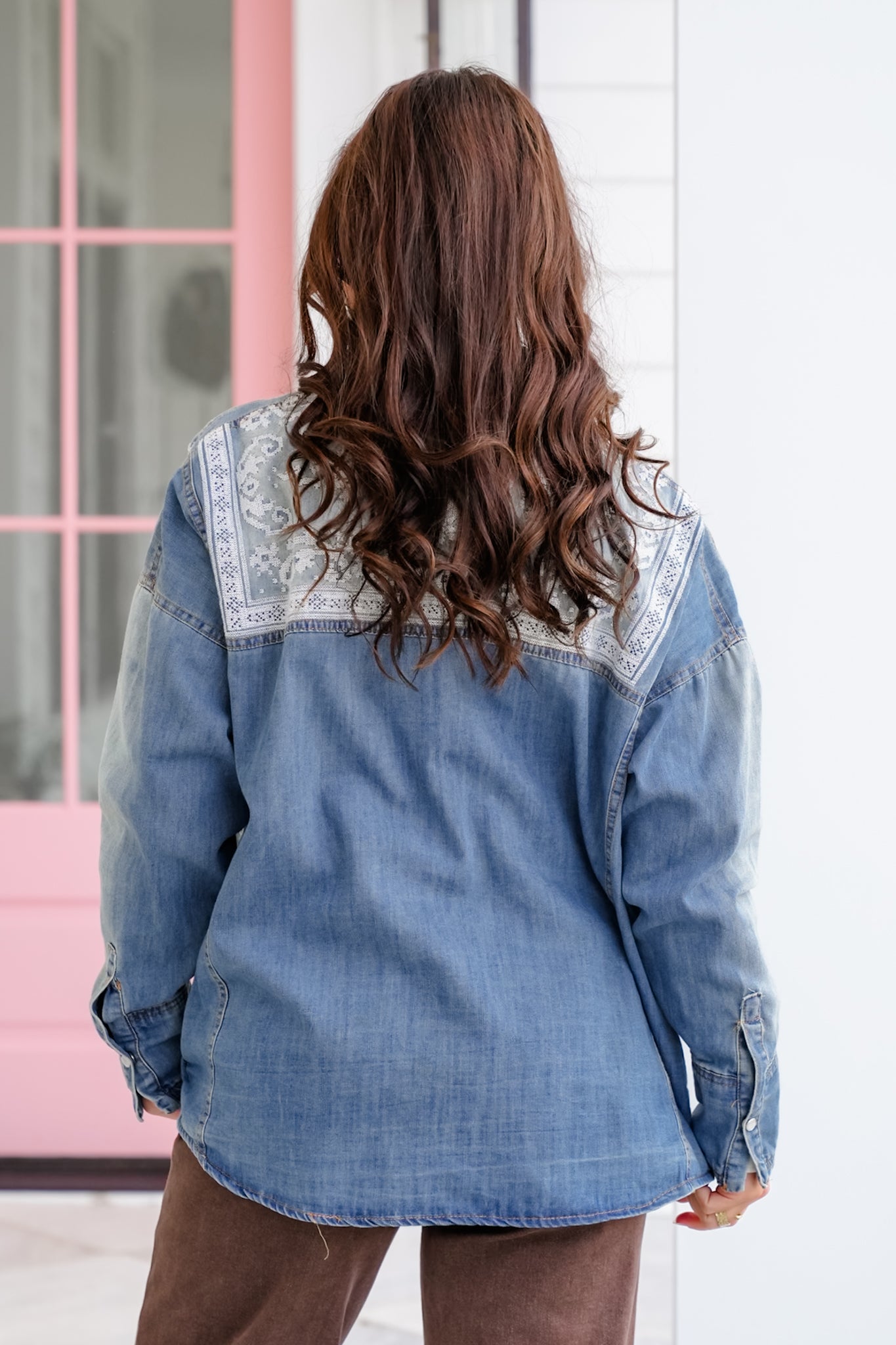 Long Sleeve Button Down Top with Cross Stitch Embroidery