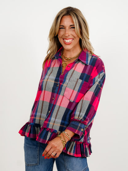 Plaid 3/4 Sleeve Button Down Ruffle Hem Top