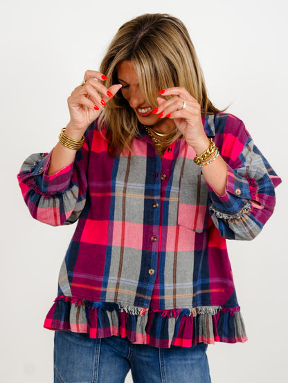 Plaid 3/4 Sleeve Button Down Ruffle Hem Top