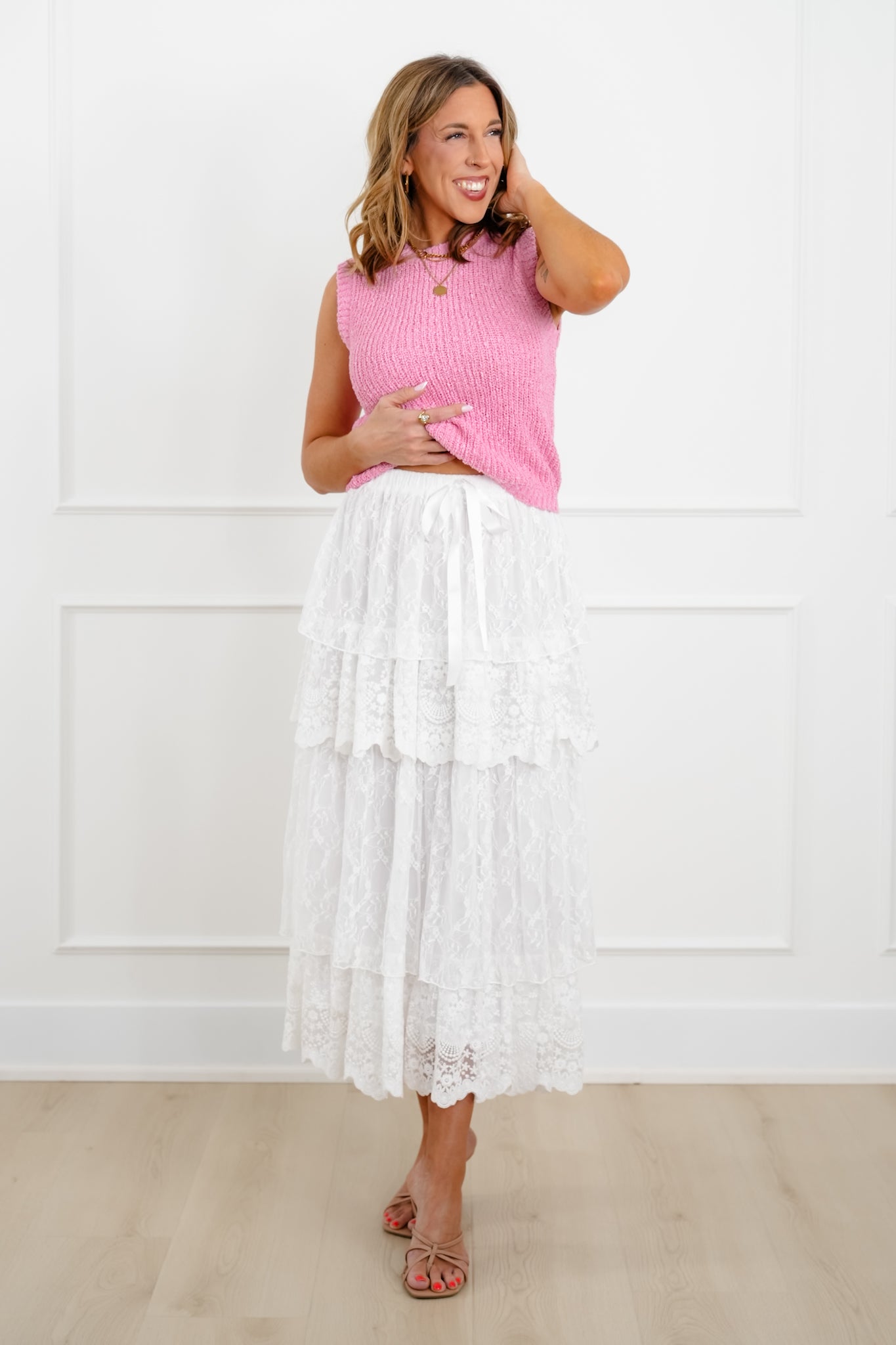 Lace Elastic Waist Tiered Maxi Skirt