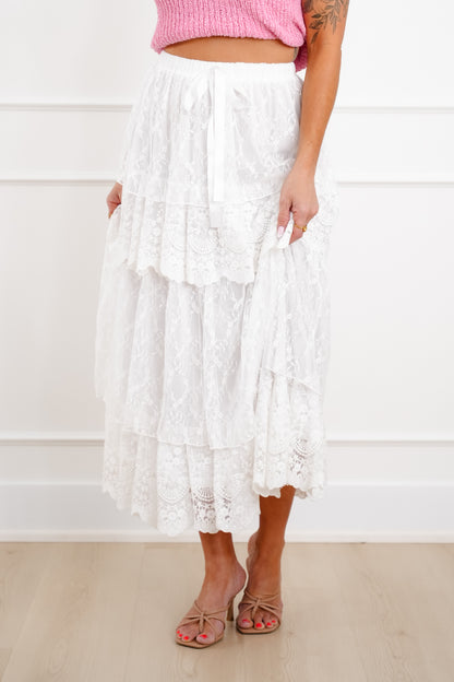 Lace Elastic Waist Tiered Maxi Skirt