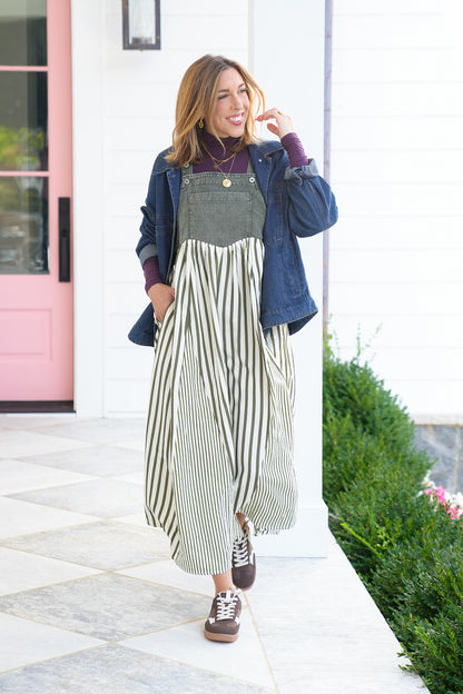 Plus/Reg Overall Dress with Stripe Skirt