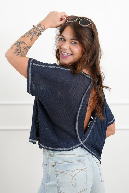 POL American Flag Patchwork Short Sleeve Top with Open Back Design