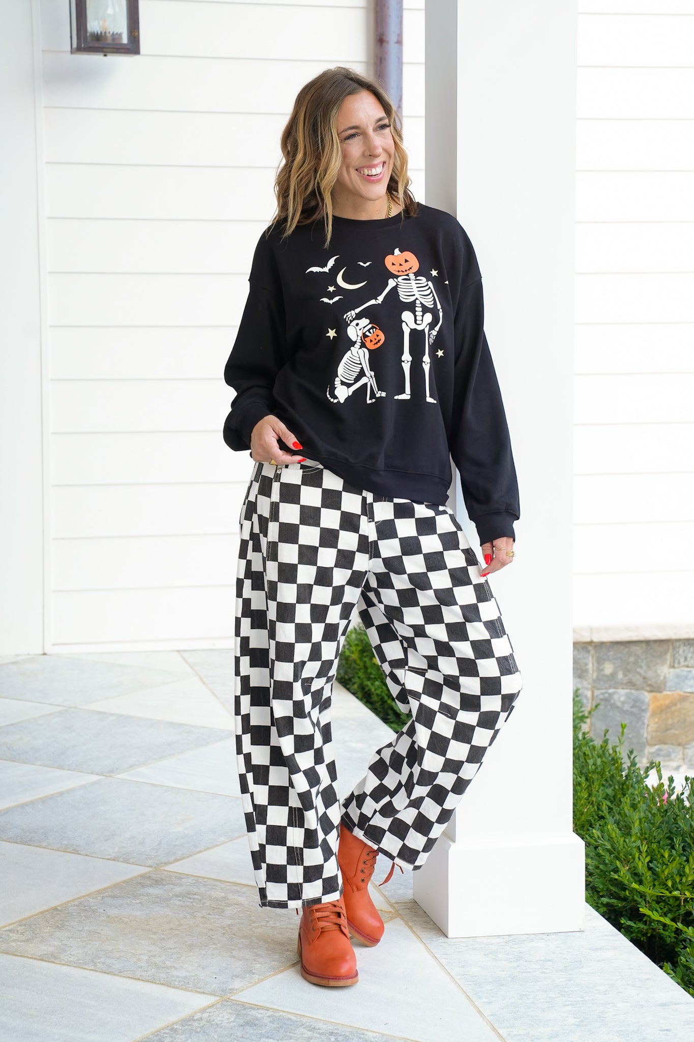 Long Sleeve Crew Neck Skeleton Print Top with Pumpkins