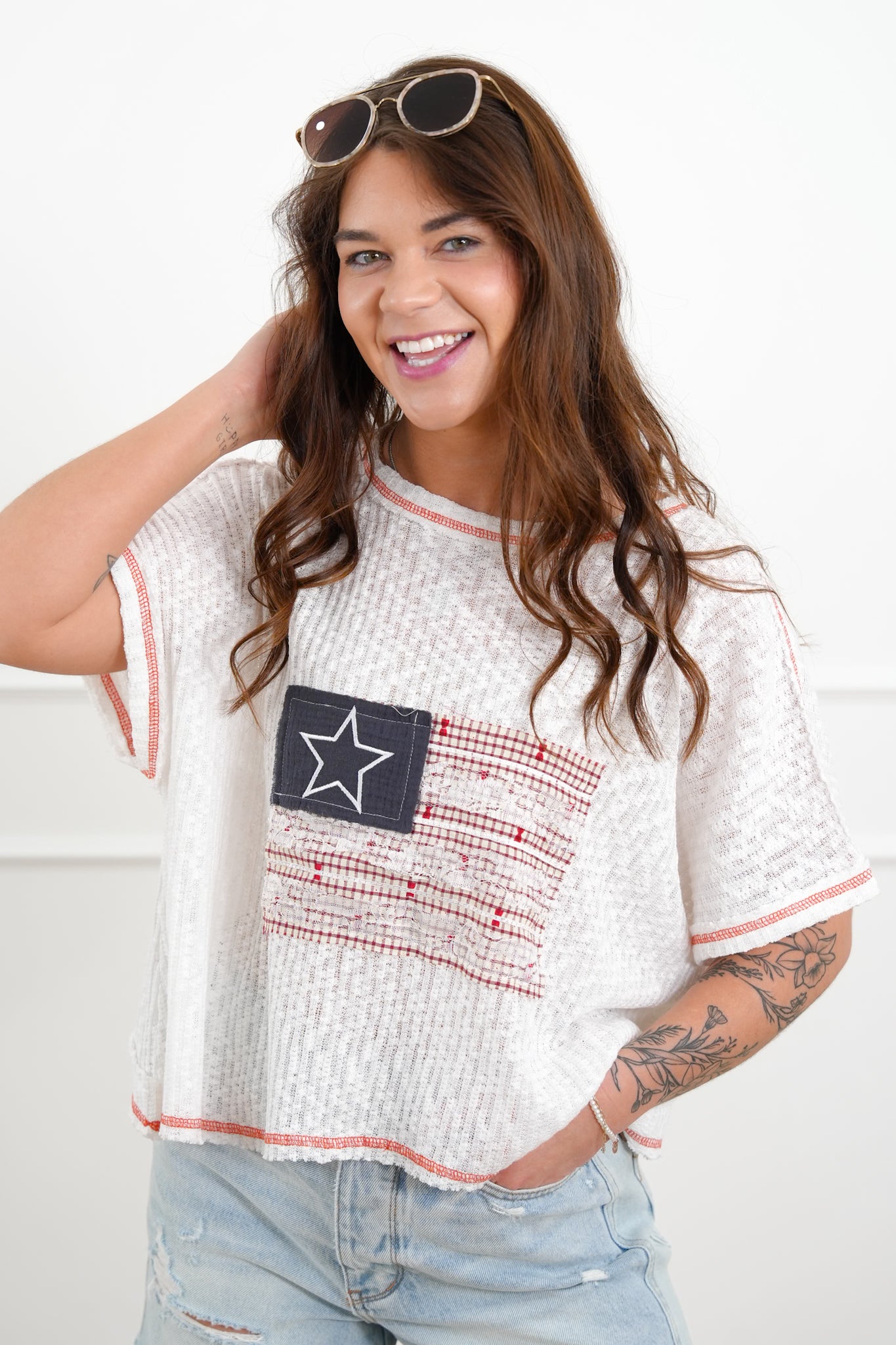 POL American Flag Patchwork Short Sleeve Top with Open Back Design