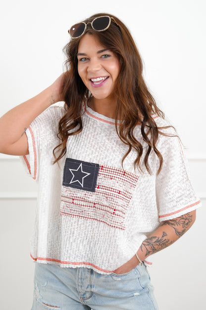 POL American Flag Patchwork Short Sleeve Top with Open Back Design