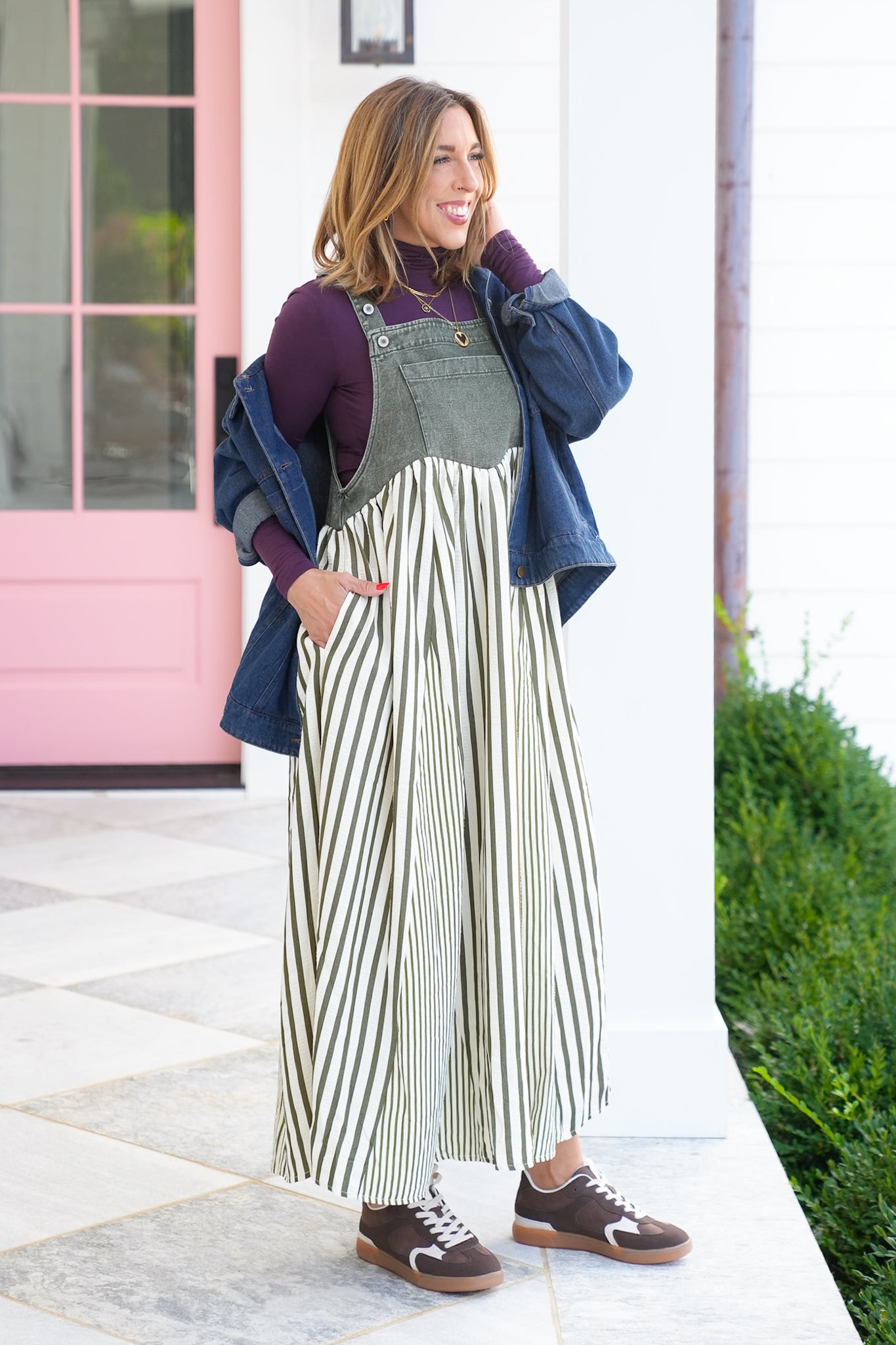 Plus/Reg Overall Dress with Stripe Skirt