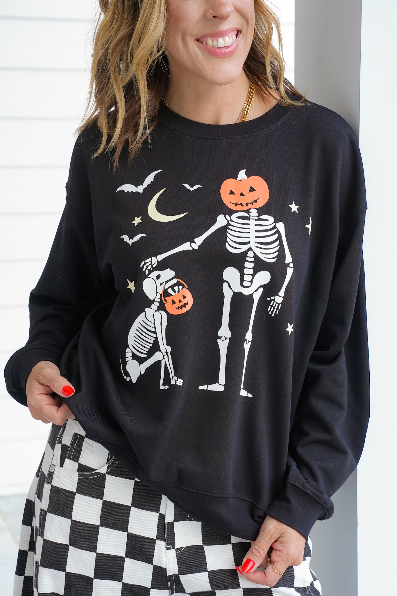 Long Sleeve Crew Neck Skeleton Print Top with Pumpkins