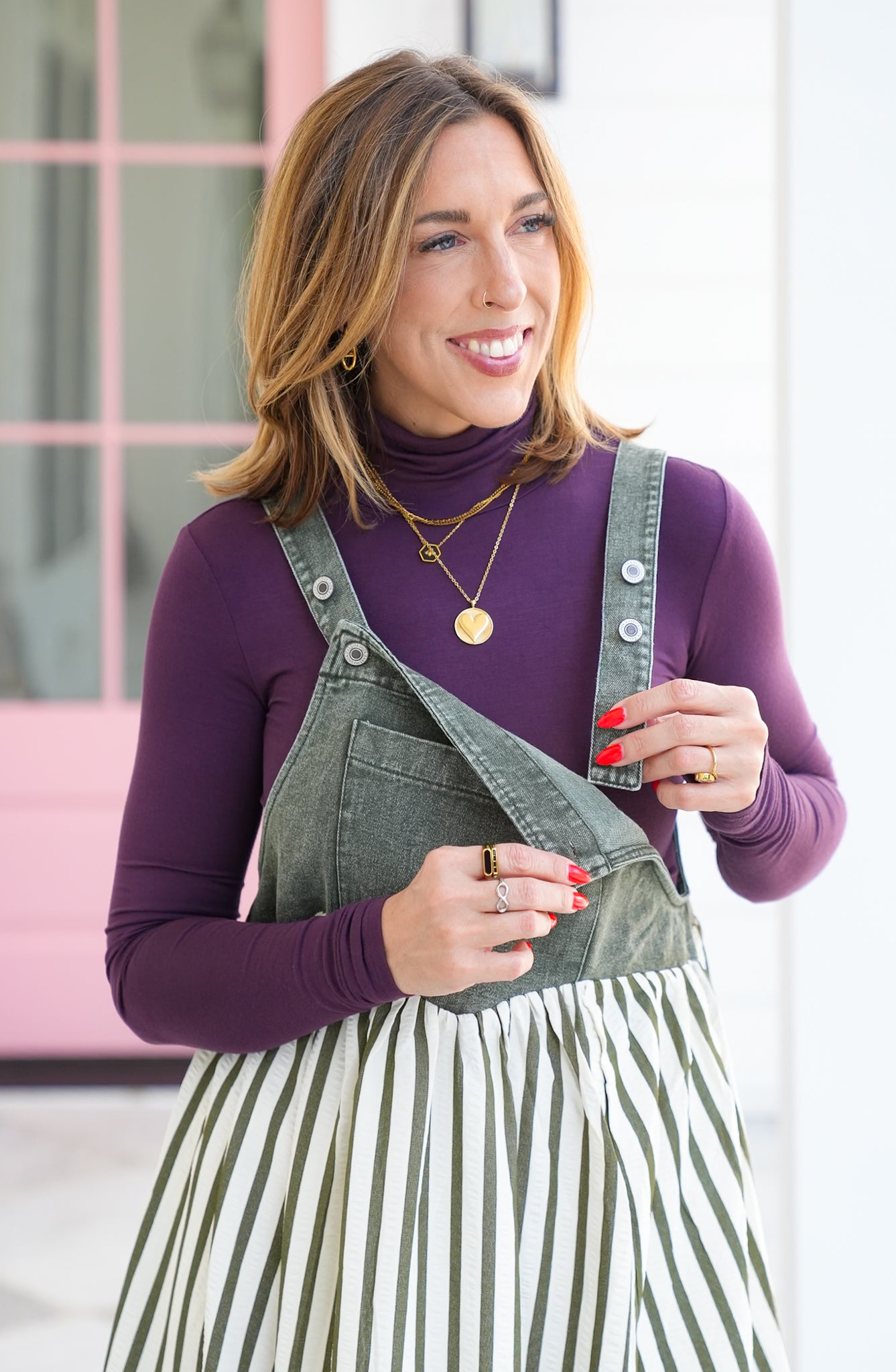 Plus/Reg Overall Dress with Stripe Skirt